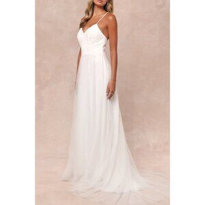 Lulus Love Perfection White Lace Tulle Pearl Beaded Maxi Dress Sz XL Womens Whit
